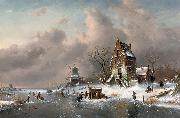 Charles Leickert Numerous skaters near a koek-en-zopie on a frozen waterway by a mansion, oil painting